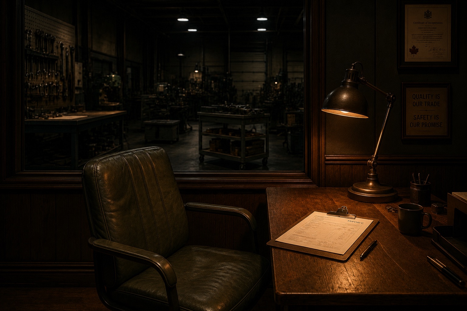 The owner's office above a workshop floor at dusk